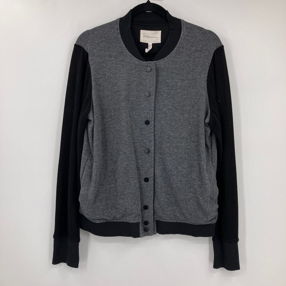 BCBGeneration Gray Black Lined Body Coat Snap Pockets Light Bomber Jacket READ
